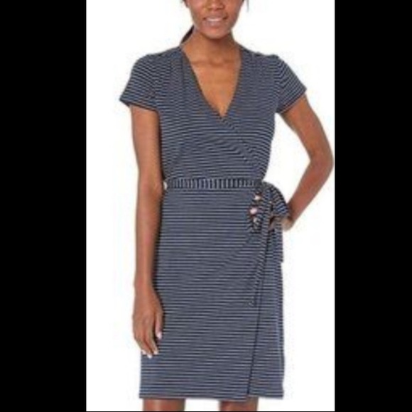 Pact Organic Cotton Wrap Dress Tulip Navy Stripes - Picture 2 of 8